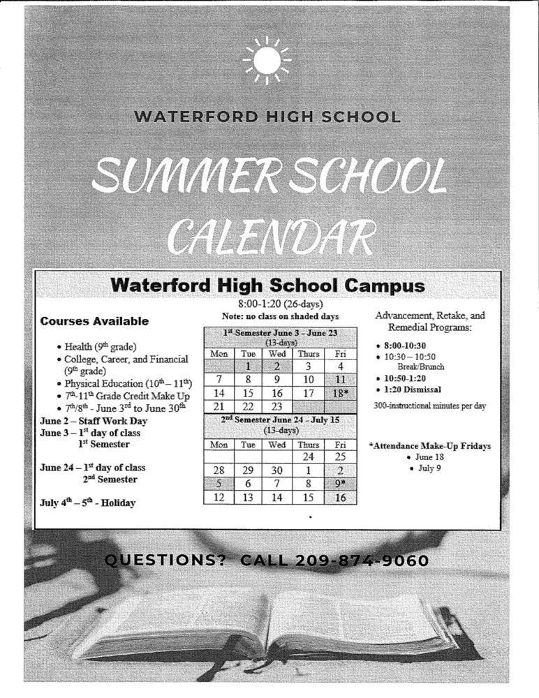 Summer School Calendar
