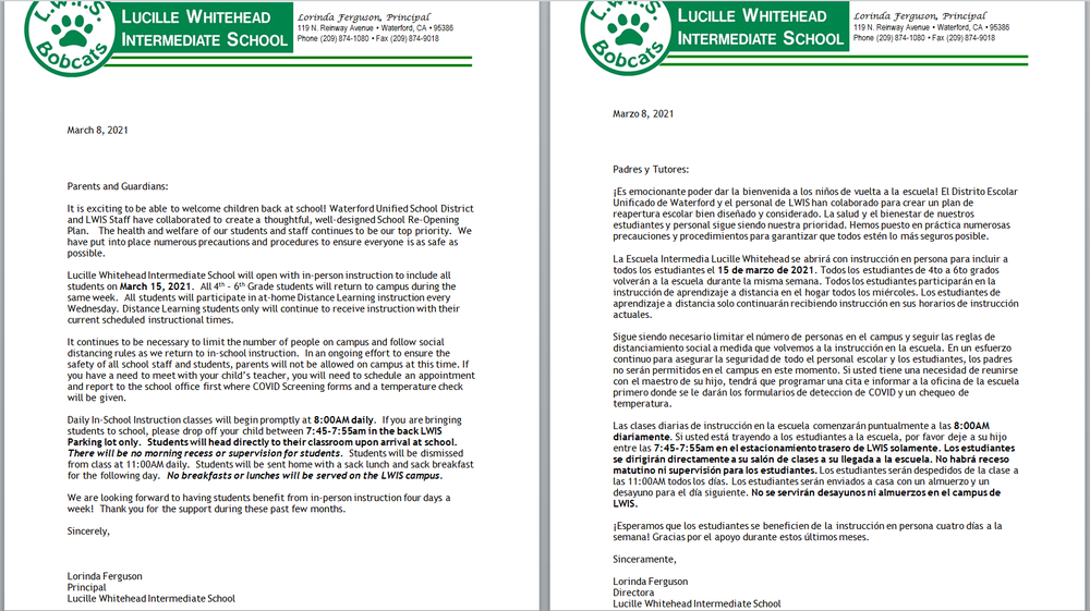 March 15th LWIS School Re- Opening Letter