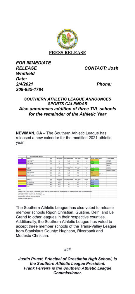 SAL PRESS RELEASE: Athletic Calendar