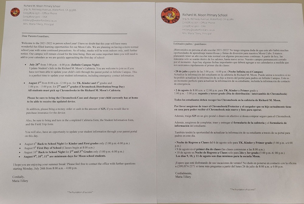 Welcome Back Principal's Letter